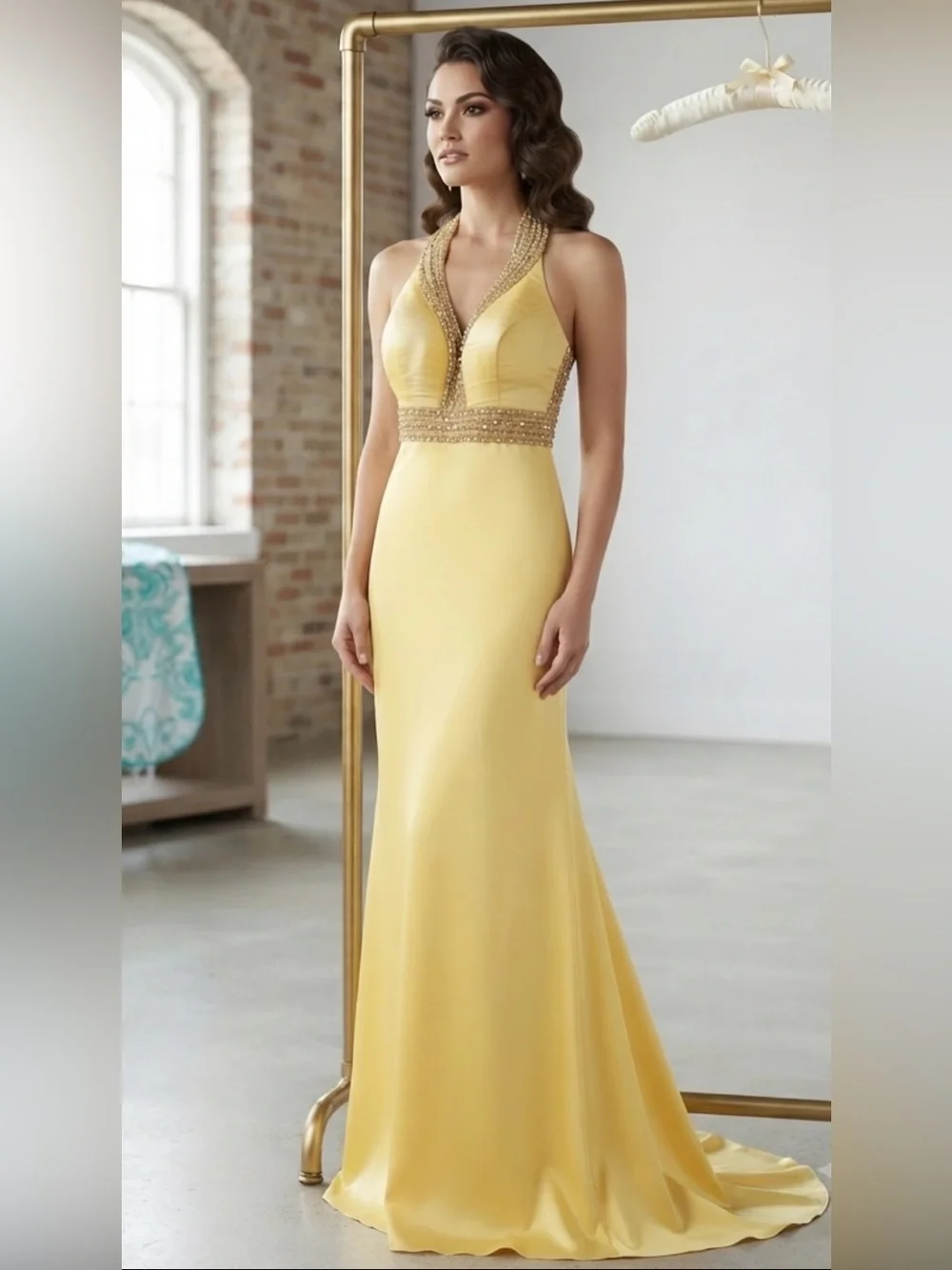 Yellow Halter Prom Gown with Beaded Waist